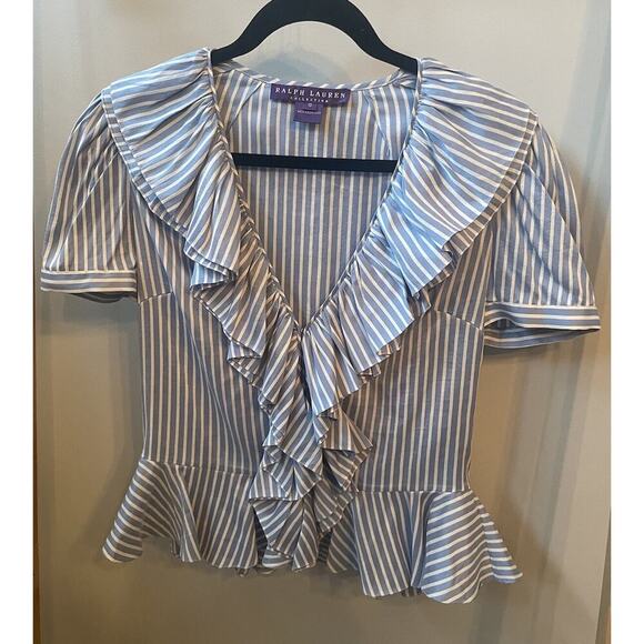 Ralph Lauren Collection Purple Label Blue Pinstripe Ruffle Silk Blouse Runway M - Picture 7 of 13